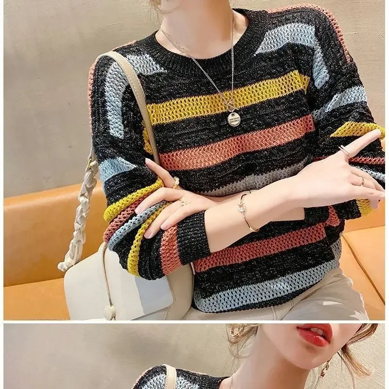 Pull Femme Raye Ajoure Court Ample Fit Manches Chauve-Souris 3 Coloris | MDN Store