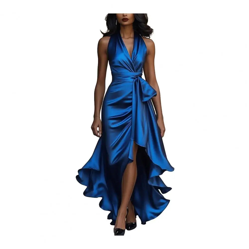 Robe Longue Satin Col V Volants | MDN