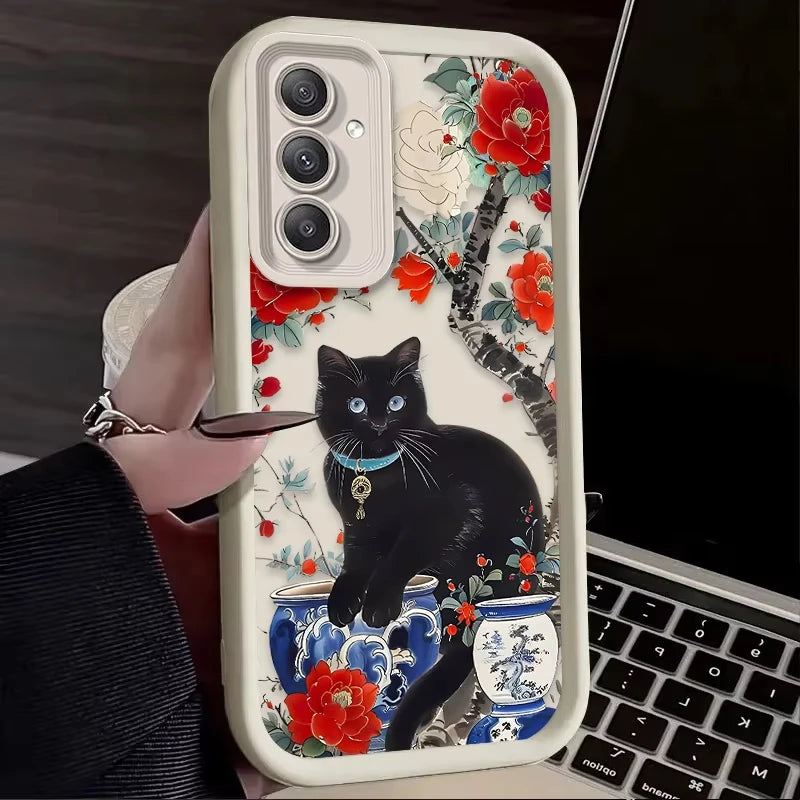 Coque Samsung Chat Noir Fleur Artistique - S24 S23 S22 A55 A54 | MDN
