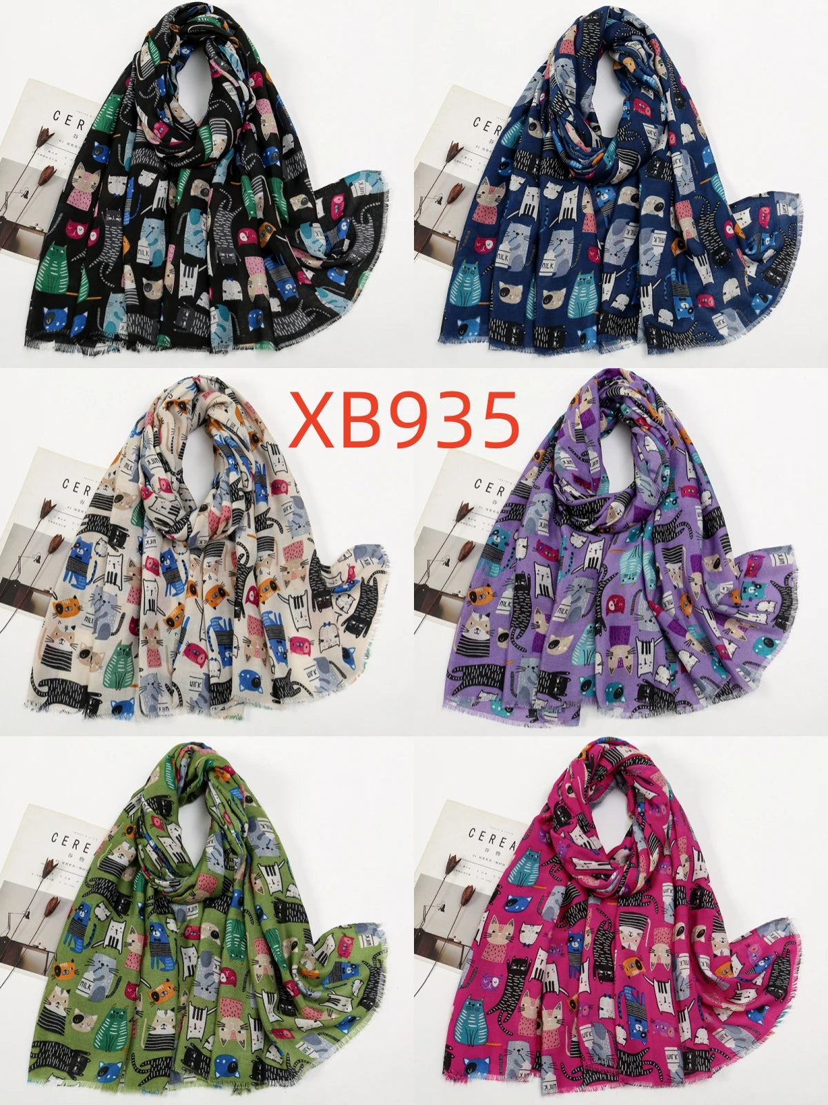 Écharpe Motif Chat Cartoon Viscose Douce Longue | MDN