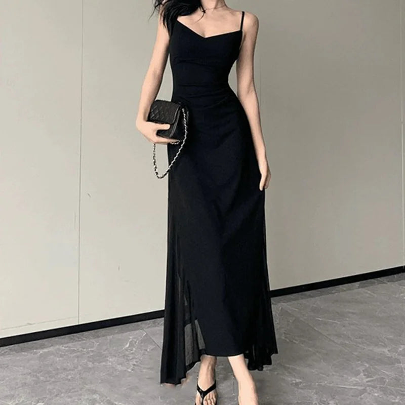 Robe Midi Femme Noire Dos Nu Bretelles Col V Soirée | MDN Store