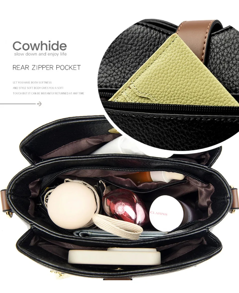 Sac à Main Femme Cuir Véritable Seau Bandoulière Trois Compartiments - MDN