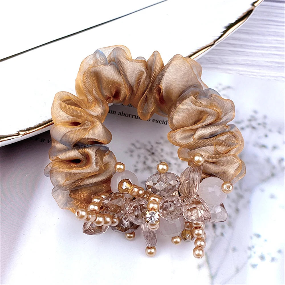 Chouchou Perle Brillante Fleur Organza Transparent - Élastique Cheveux Fille... | MDN Store