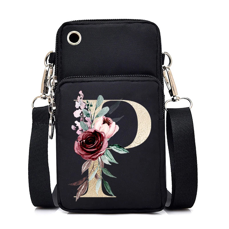 Sac à Main Bandoulière Lettre Initiale Fleurs Roses - Mini Sac Téléphone Femme | MDN