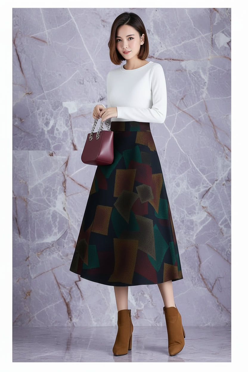 Jupe Midi Femme Laine Imprimée Taille Haute - Automne Hiver A-line | MDN Store