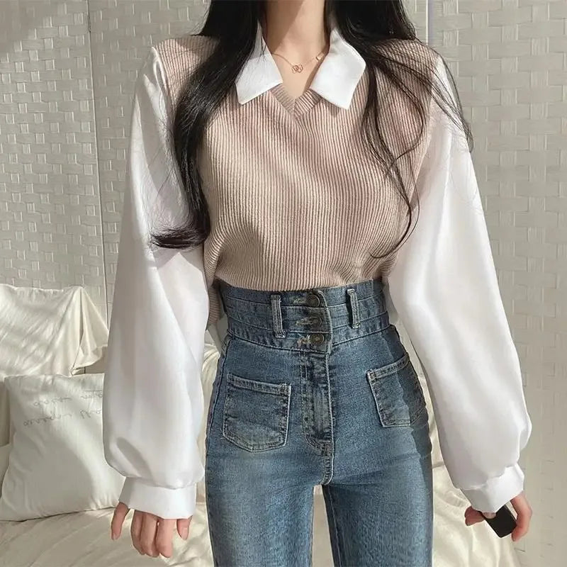 Été Blouse Femme Korean Style False Two-piece Polo Col Blouses Y2k... | MDN Store