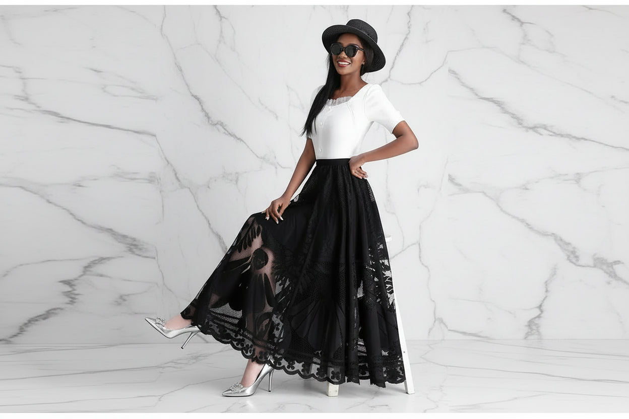Jupe Longue Dentelle Plissée Taille Haute | MDN Store