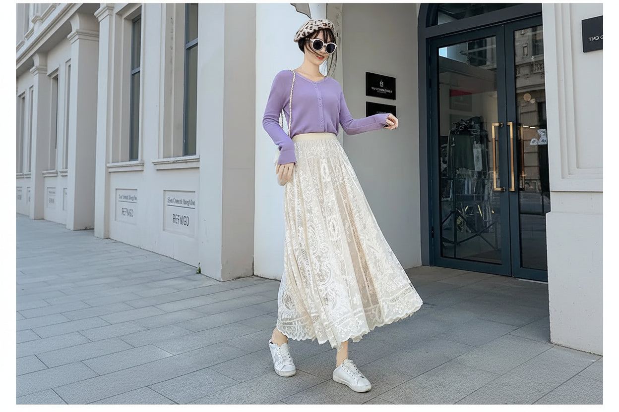 Jupe Longue Dentelle Plissée Taille Haute | MDN Store