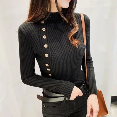 Pull Col Polo Femme Boutons Noir Slim Fit | MDN