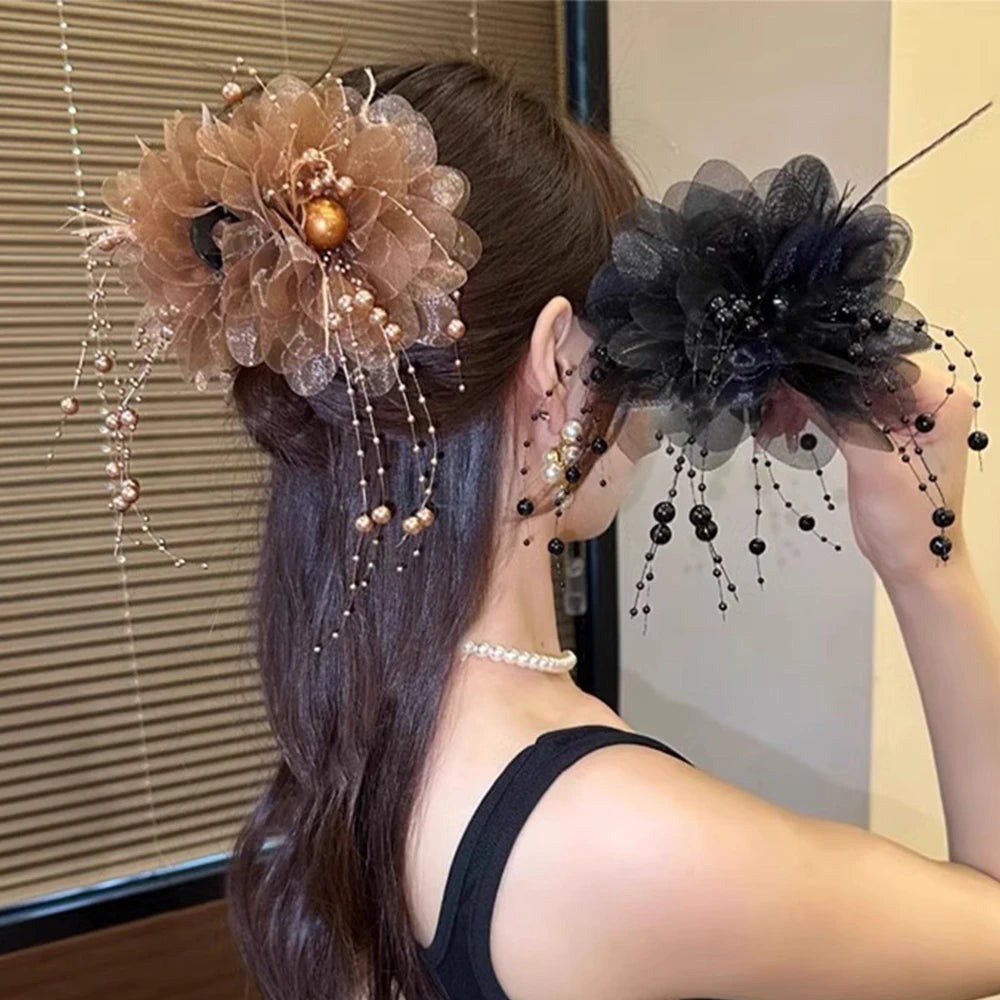 Pince Cheveux Fleur Maille Perle Pompon - Barrette Crabe Élégante | MDN Store