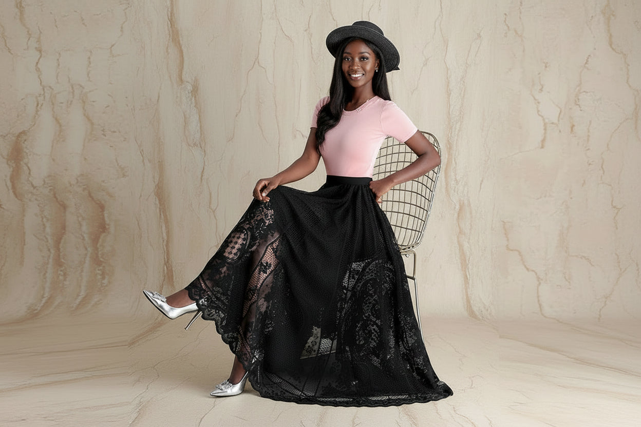 Jupe Longue Dentelle Plissée Taille Haute | MDN Store