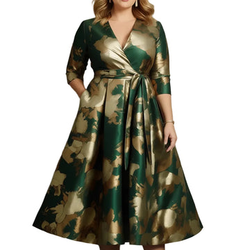 Robe Satin Florale Grande Taille Col V Mi-Longue | MDN Store