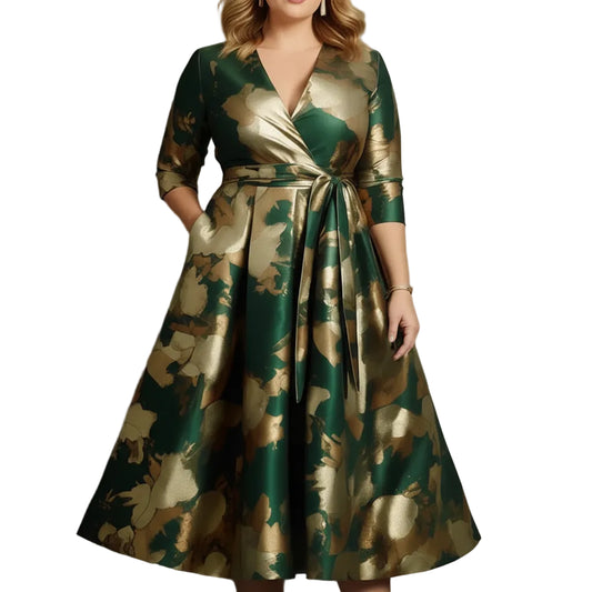 Robe Satin Florale Grande Taille Col V Mi-Longue | MDN
