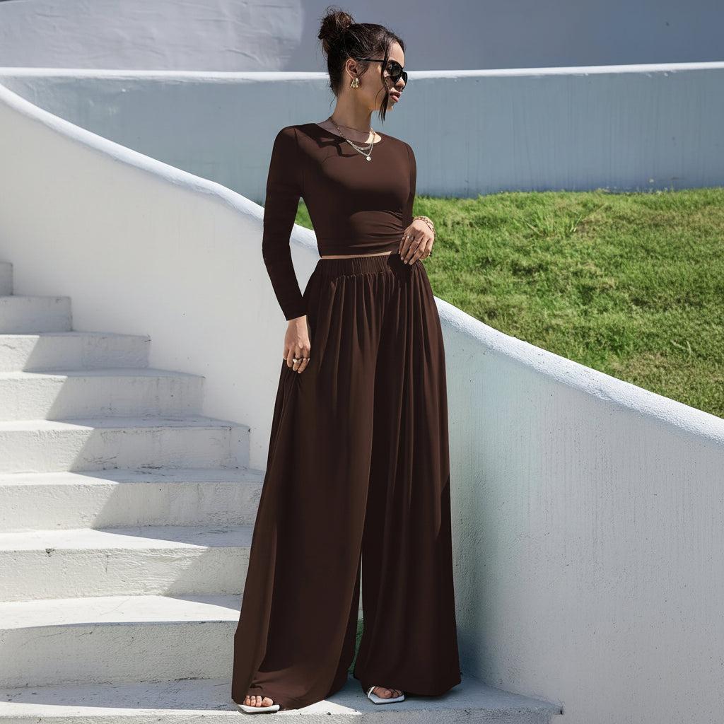 Ensemble Maille Marron T-shirt & Pantalon Large | MDN