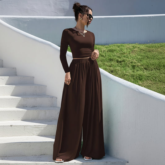 Ensemble Maille Marron T-shirt & Pantalon Large | MDN