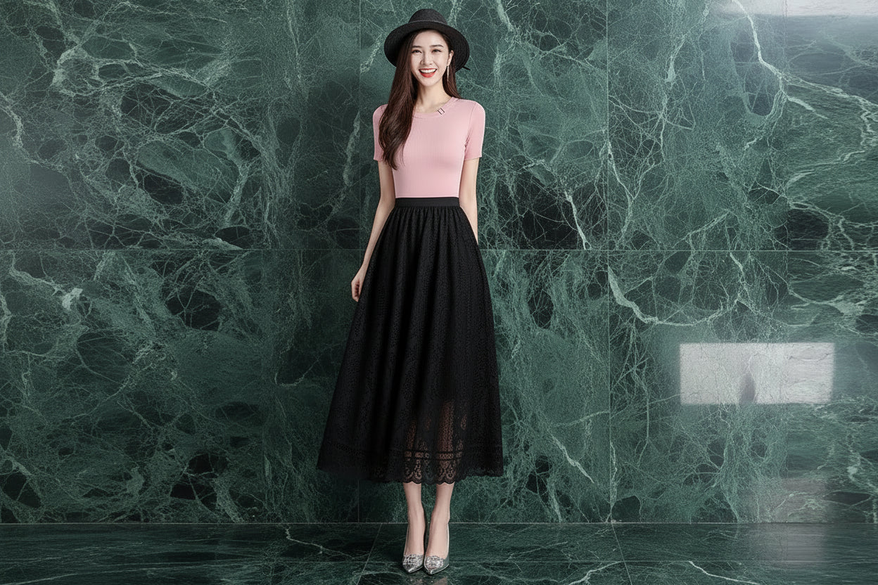 Jupe Longue Dentelle Plissée Taille Haute | MDN Store