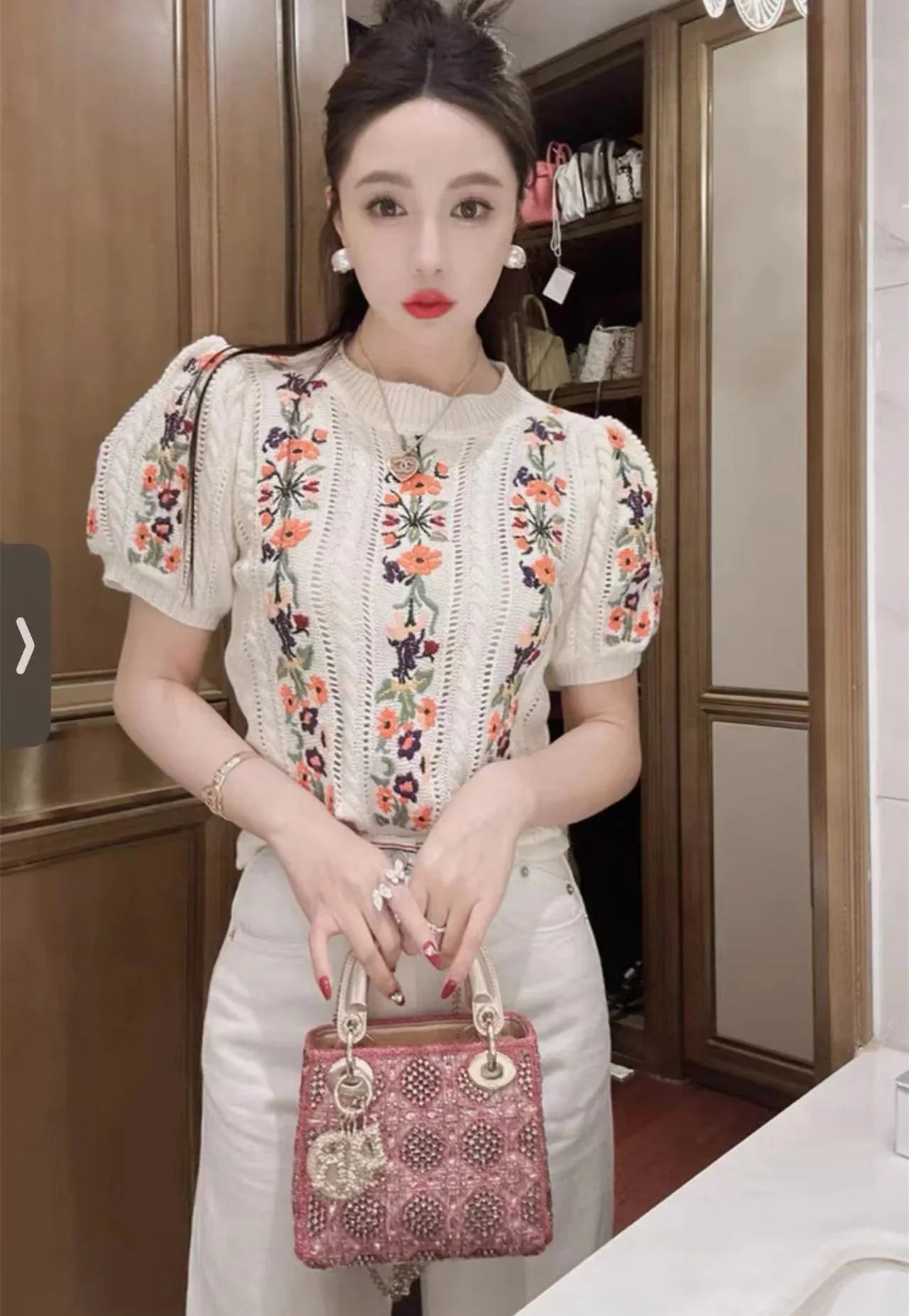 Pull Femme Brodé Vintage Manche Bouffante Col Rond Été - MDN