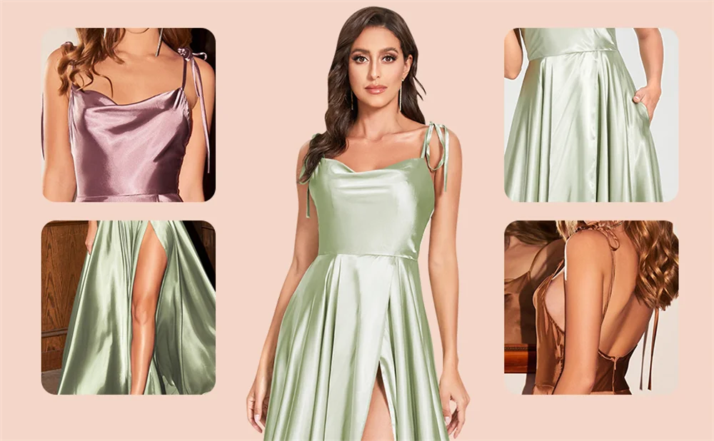 Robe Longue Satinee Col Benitier Bretelles Nouees Fente Haute | MDN Store