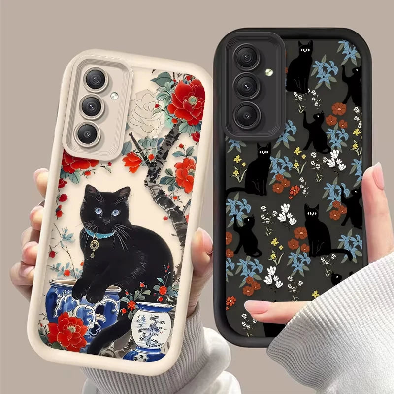 Coque Samsung Chat Noir Fleur Artistique - S24 S23 S22 A55 A54 | MDN