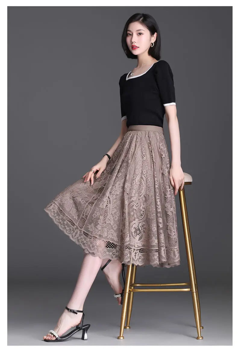 Jupe Longue Dentelle Plissée Taille Haute | MDN Store