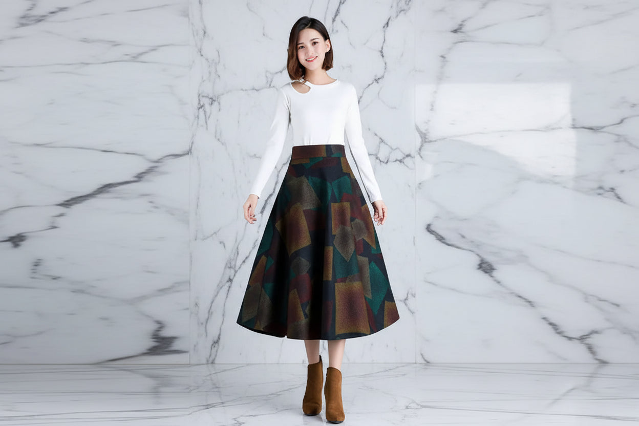 Jupe Midi Femme Laine Imprimée Taille Haute - Automne Hiver A-line | MDN Store