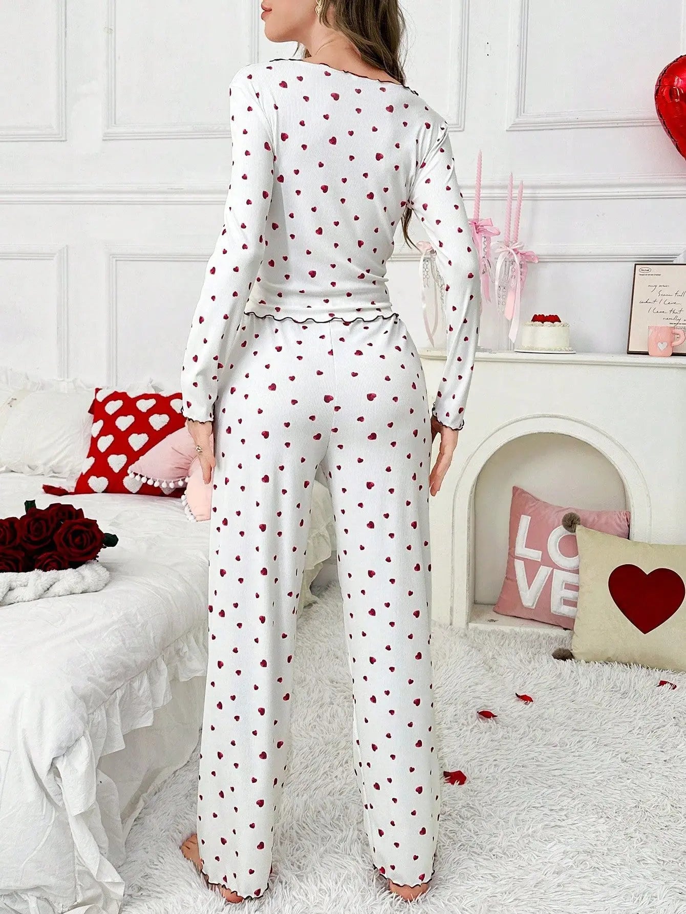 Pyjama Femme Rouge Cœurs 2 Pièces Manches Longues | MDN