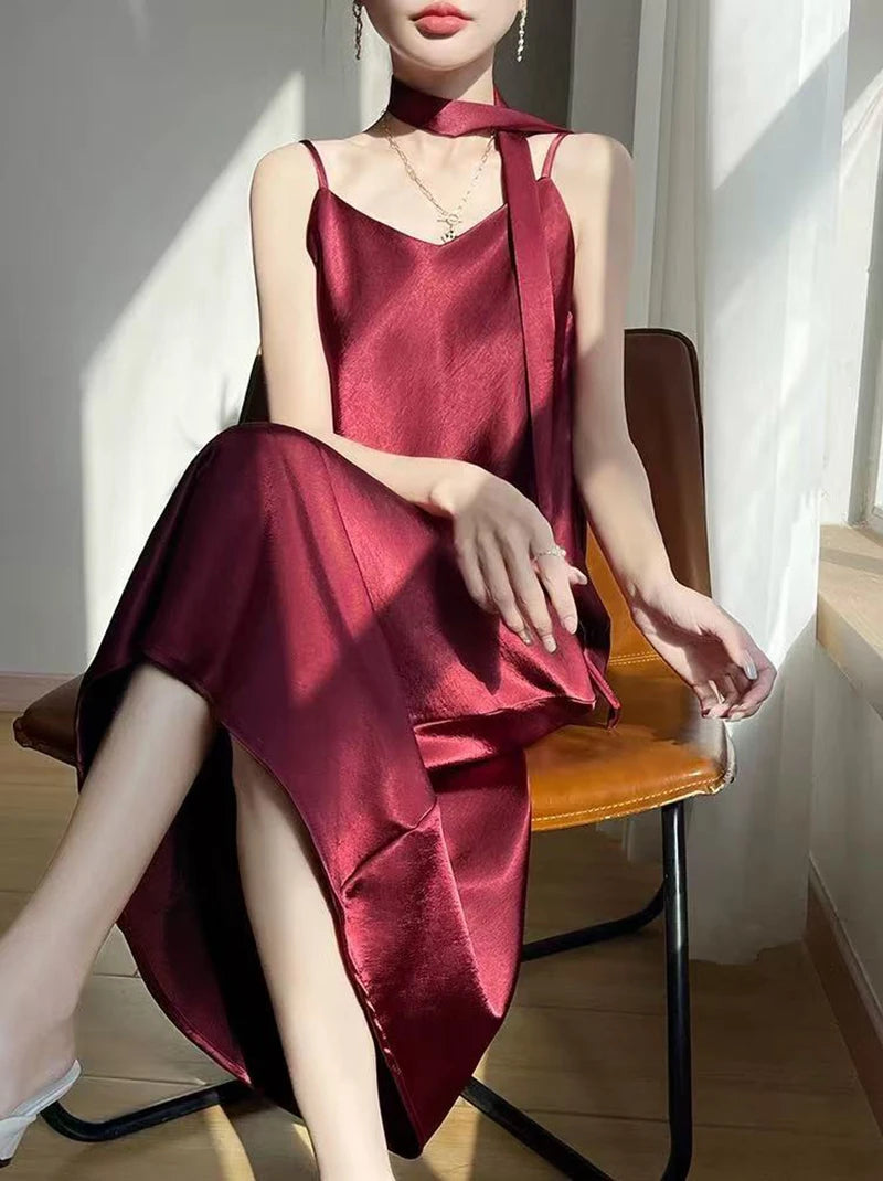 Robe Nuisette Satin Bretelles Ruban Midi 6 Coloris | MDN Store