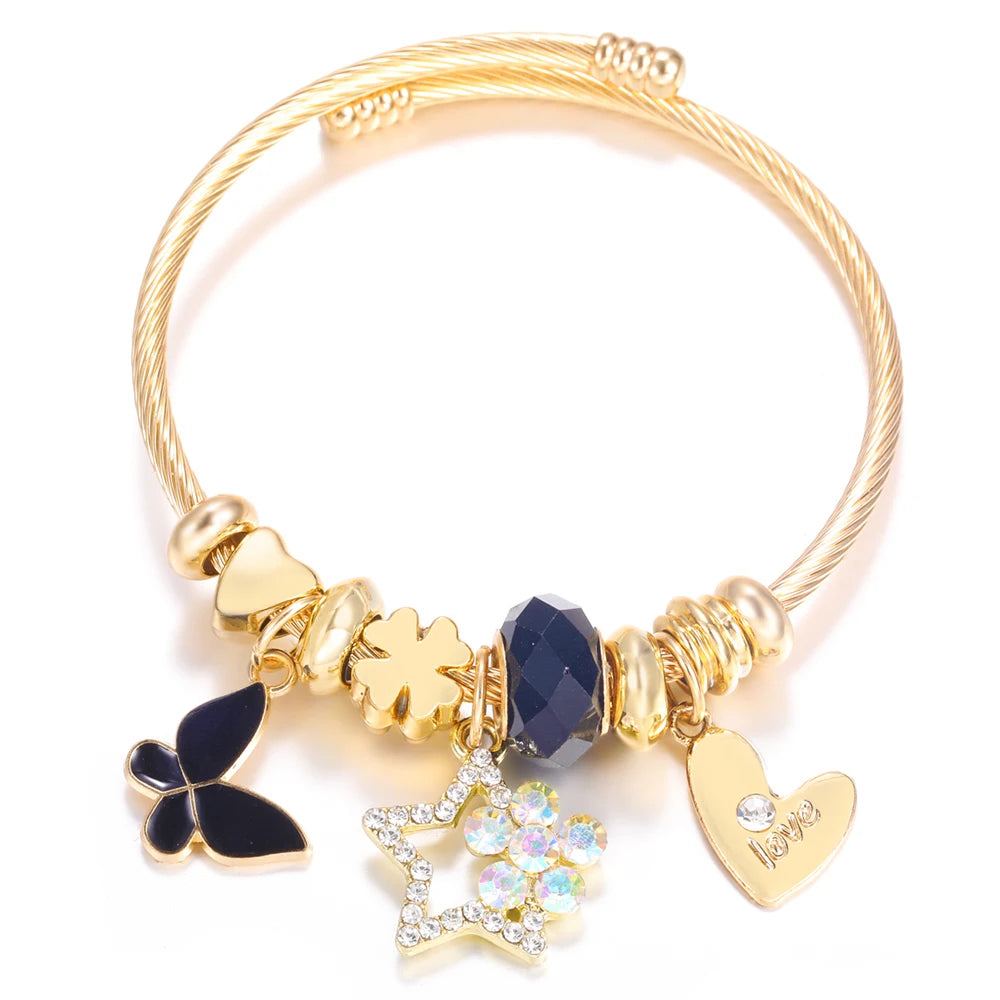 Bracelet Femme Acier Inoxydable Doré Fleurs Strass 4 Couleurs | MDN Store