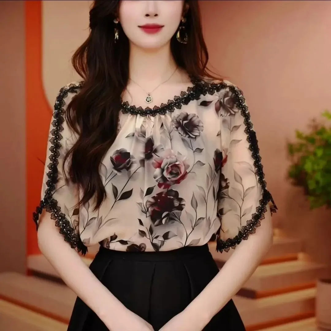 Top Dentelle Manches Courtes Floral Rose | MDN Store
