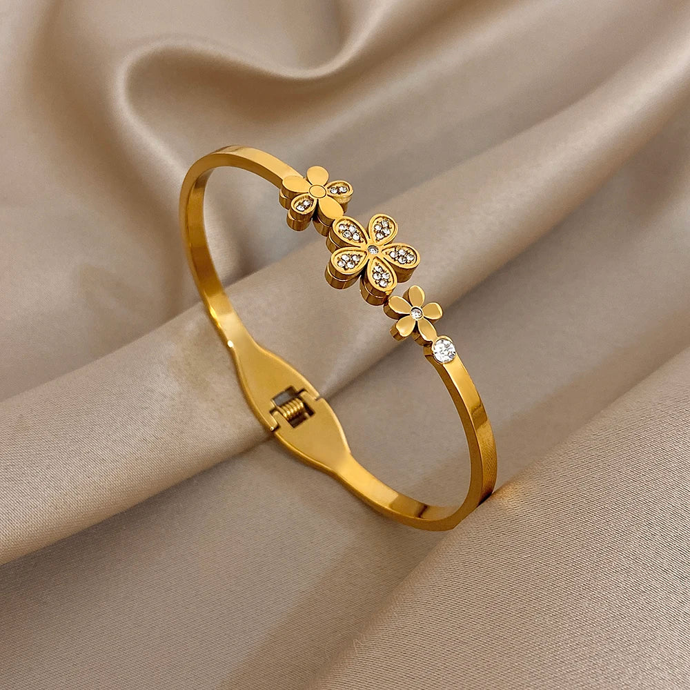 Bracelet Manchette Femme Homme Acier Inoxydable Strass Fleurs | MDN Store