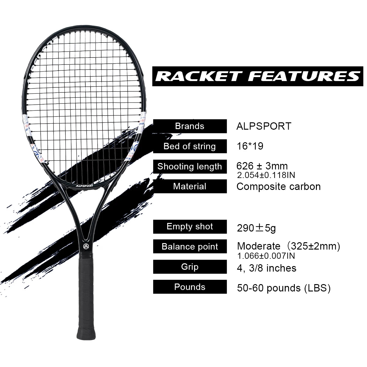 Raquette de Tennis Professionnelle ALPSPORT T800 — Fibre de Carbone 100%, Ultra-Légère 280g, Sangle Antidérapante | MDN Store 25