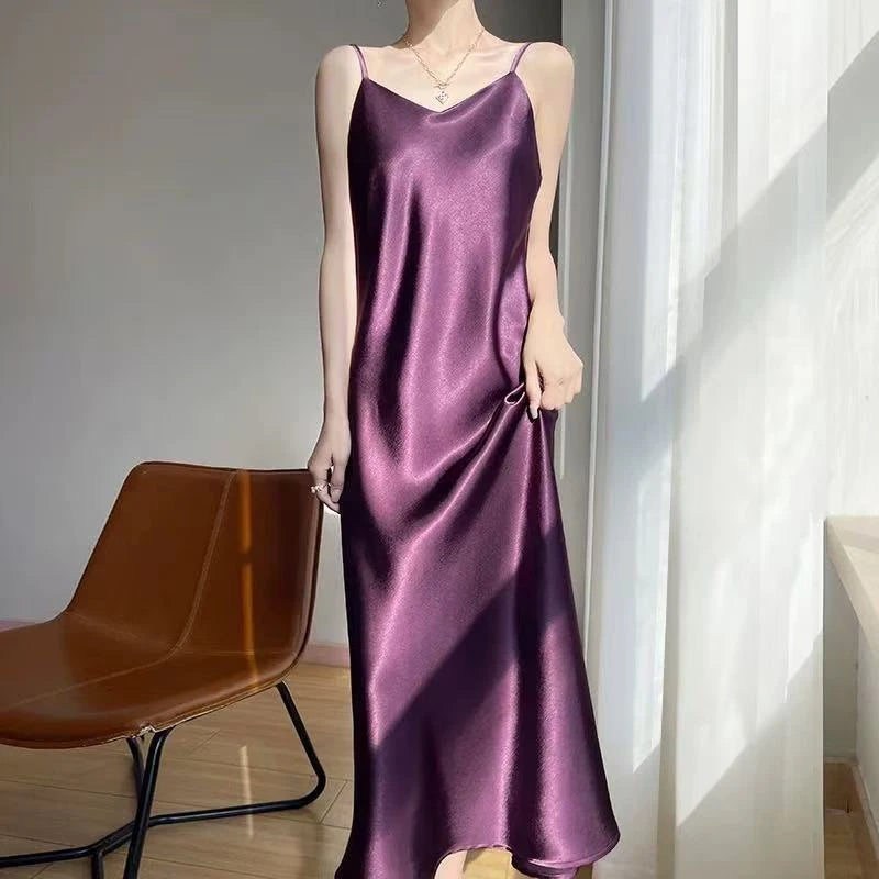 Robe Nuisette Satin Bretelles Ruban Midi 6 Coloris | MDN Store