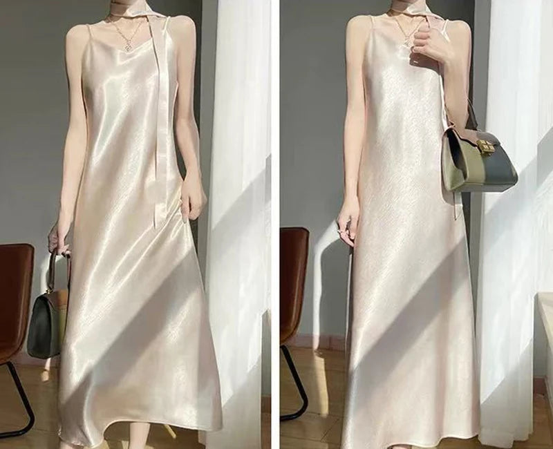 Robe Nuisette Satin Bretelles Ruban Midi 6 Coloris | MDN Store