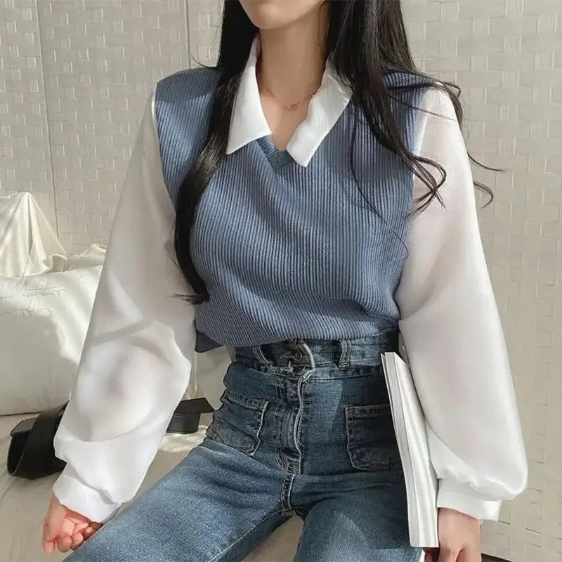 Été Blouse Femme Korean Style False Two-piece Polo Col Blouses Y2k... | MDN Store