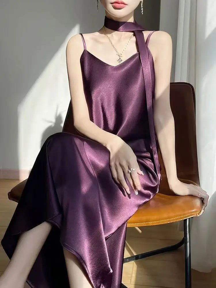 Robe Nuisette Satin Bretelles Ruban Midi 6 Coloris | MDN Store