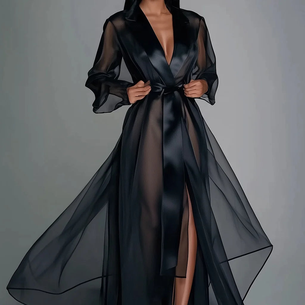 Robe Longue Organza Transparente Lacage Col Revers Soiree | MDN Store