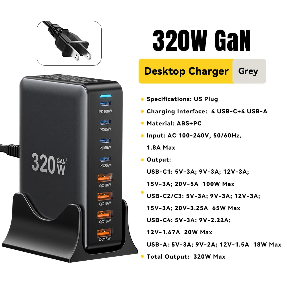 Chargeur GaN 320W 8 Ports USB-C PD 100W | MDN Store