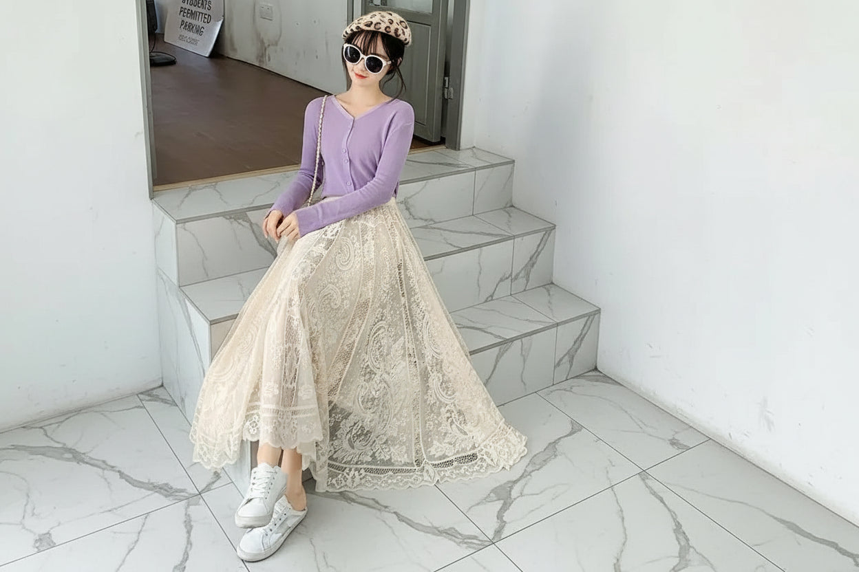 Jupe Longue Dentelle Plissée Taille Haute | MDN Store