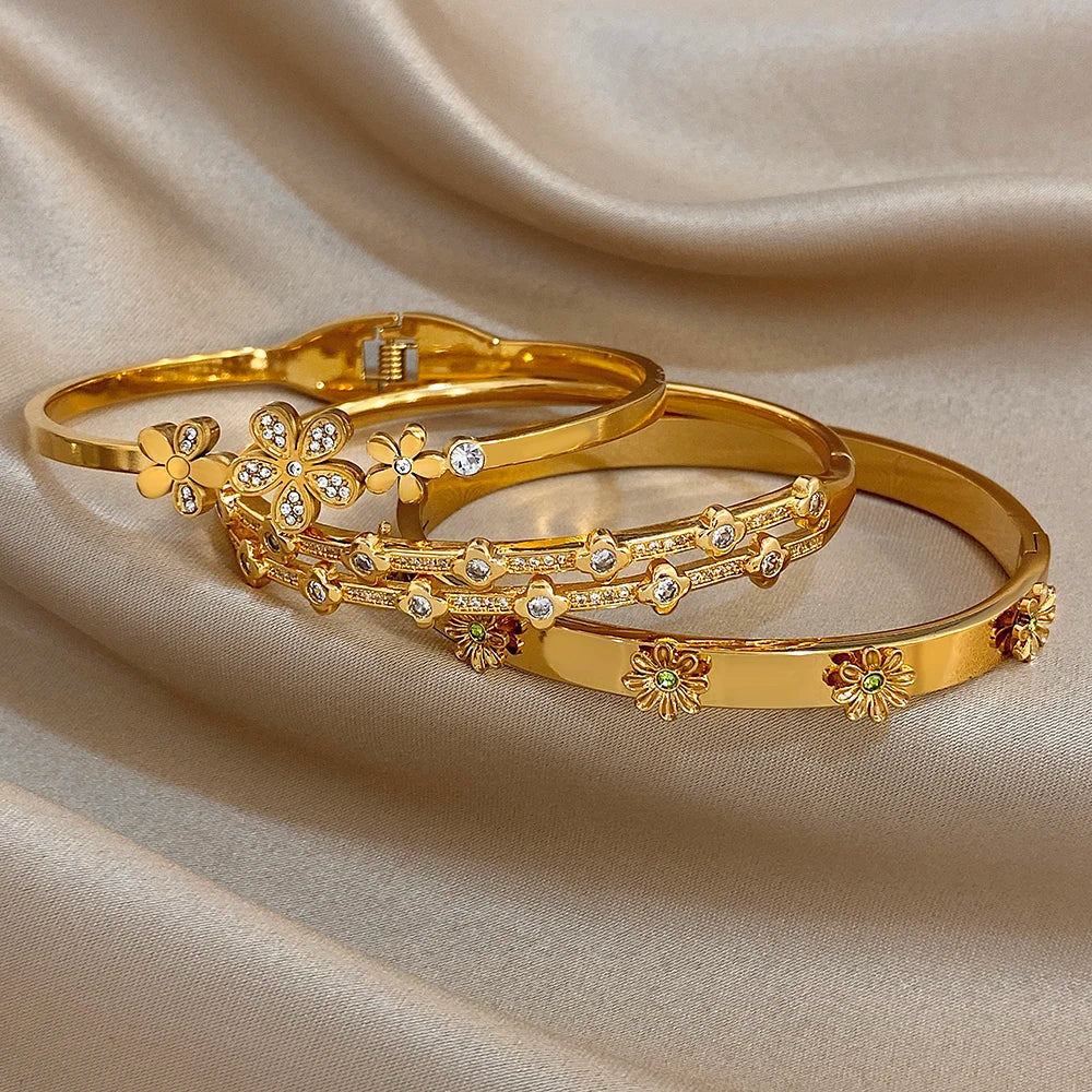 Bracelet Manchette Femme Homme Acier Inoxydable Strass Fleurs | MDN Store