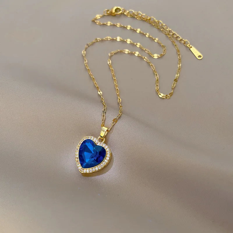 Collier Cœur Acier Inoxydable Zircon Bleu Femme | MDN
