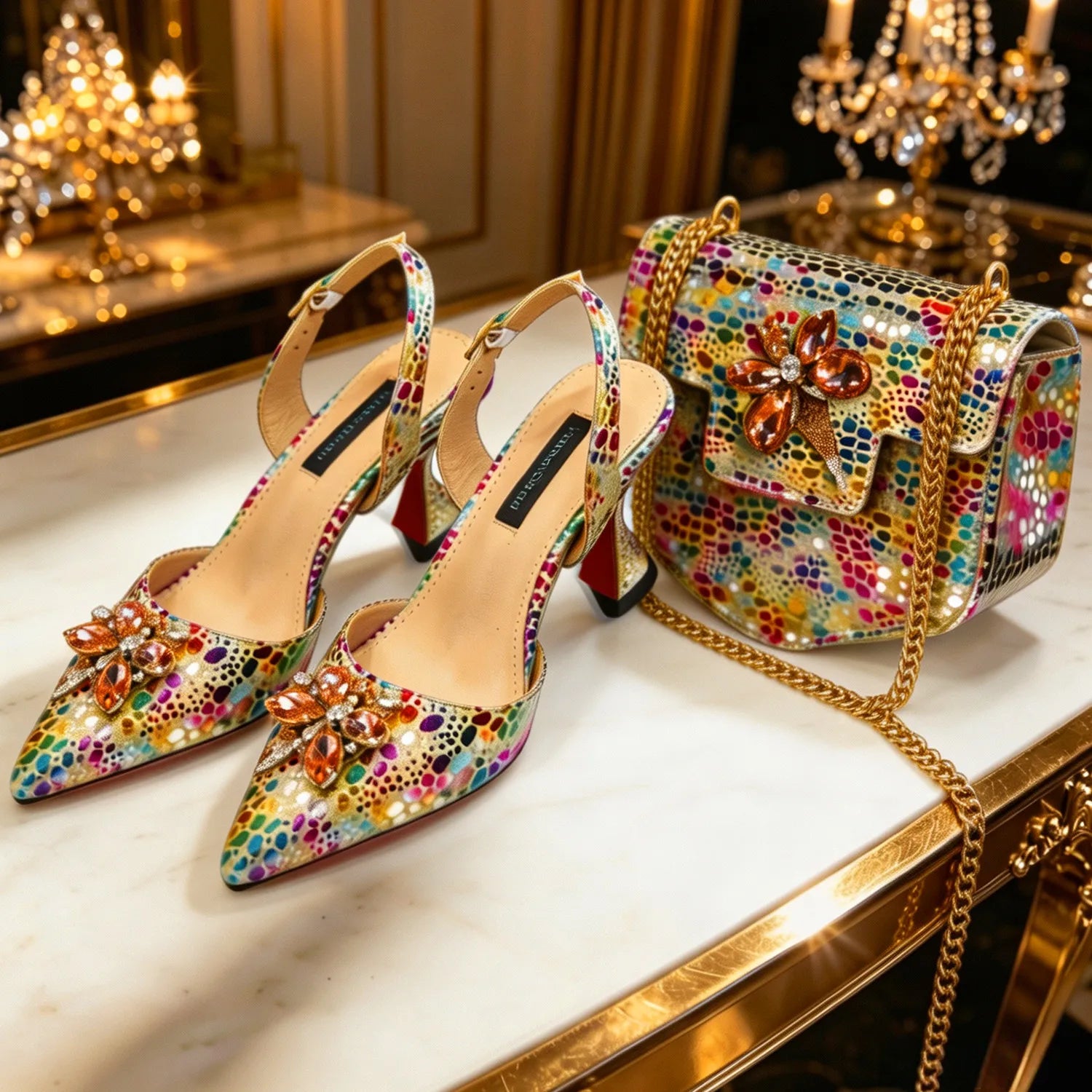 Escarpins Dorés Strass Bout Pointu Femme Soirée Banquet | MDN Store 25