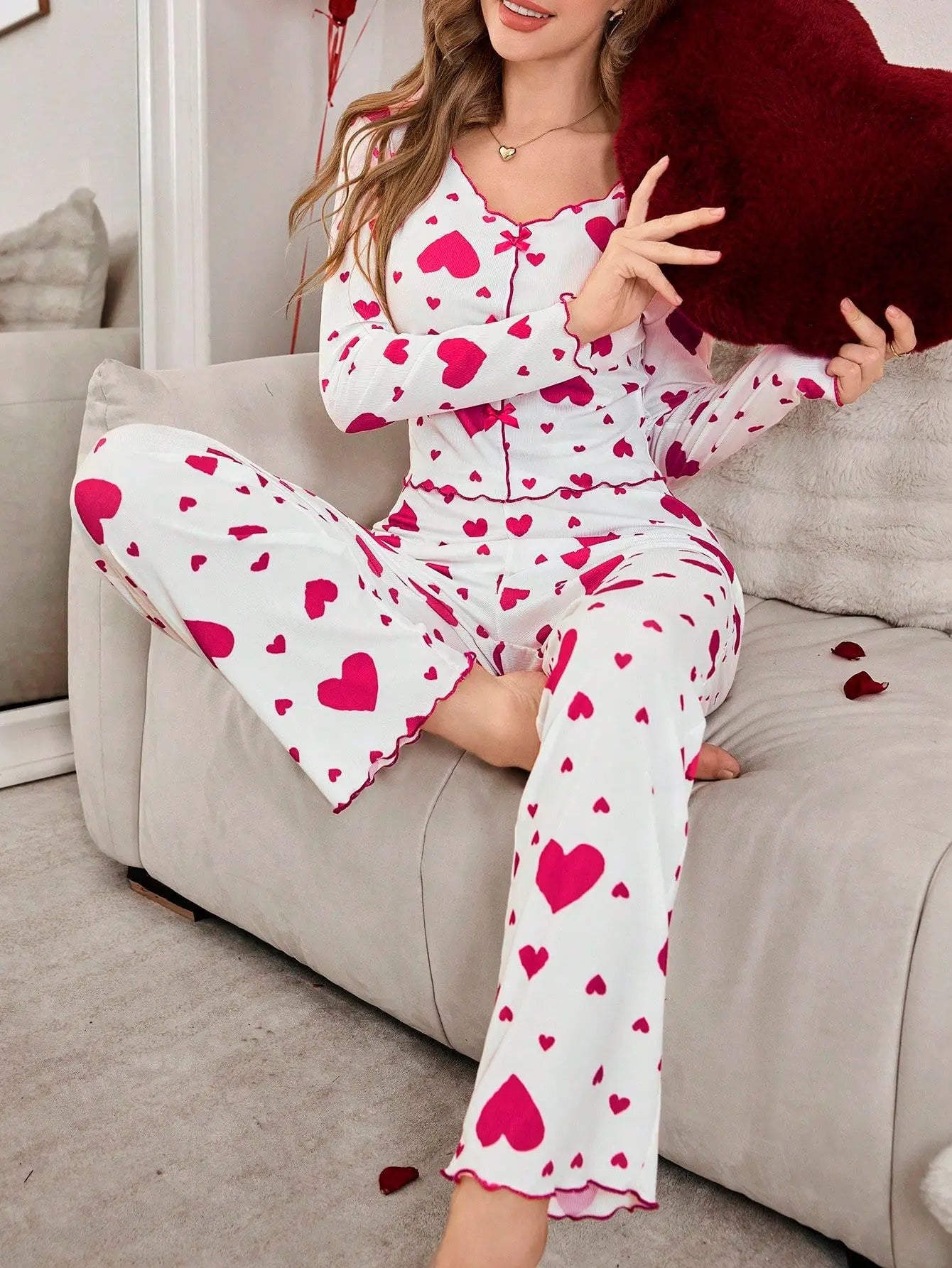 Pyjama Femme 2 Pièces Cœurs Manches Longues | MDN
