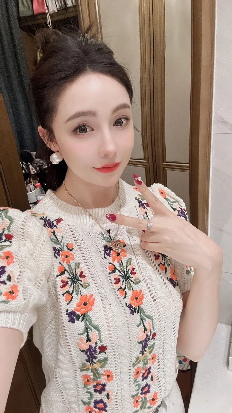 Pull Femme Brodé Vintage Manche Bouffante Col Rond Été - MDN