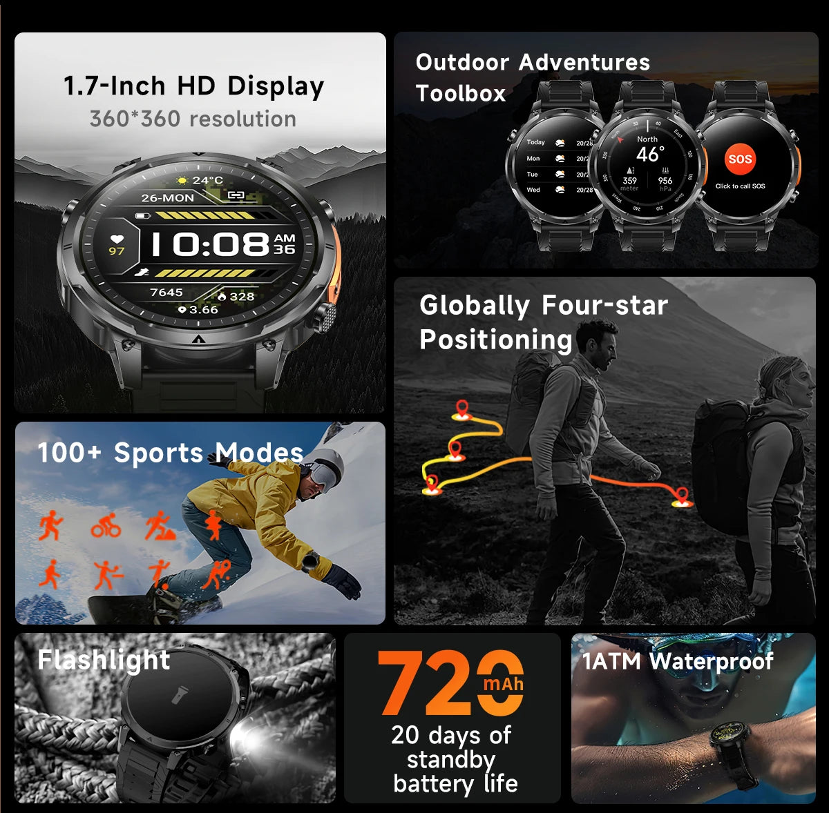 Montre GPS Militaire 1.7" 720mAh Lampe LED IP68 | MDN