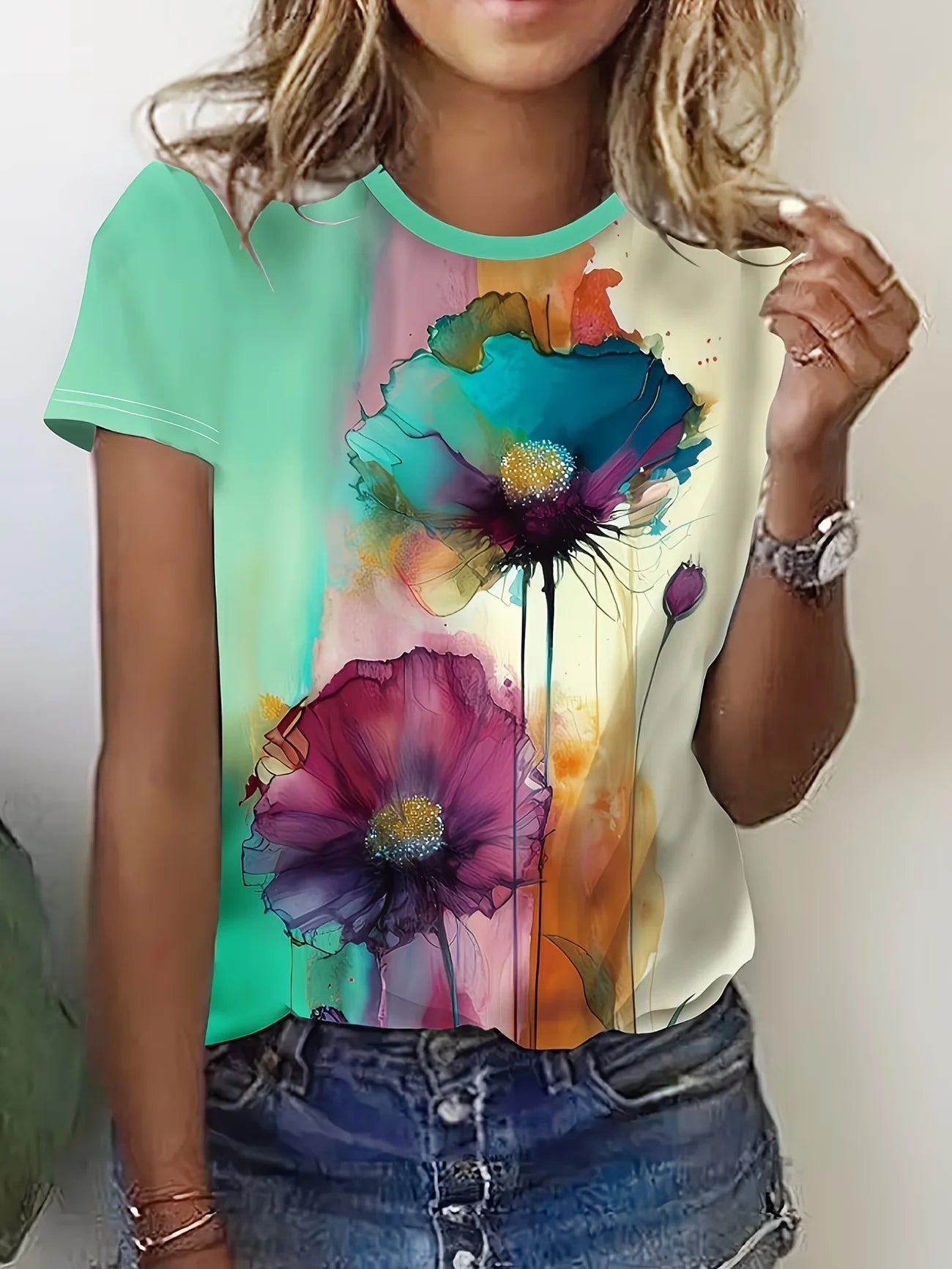 T-Shirt Fleurs Violettes Degrade Femme Col Rond Manches Courtes | MDN Store 25