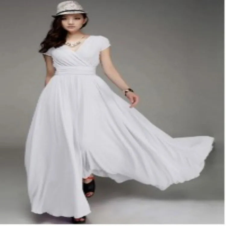 Robe Longue Femme Mousseline Manches Courtes Soiree Élégante | MDN Store