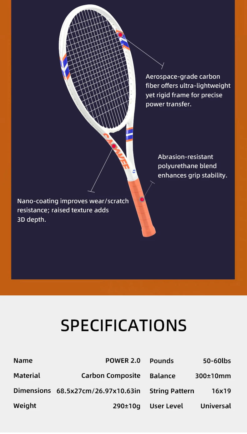 Raquette de Tennis Fibre de Carbone POWER2.0 — Étiquette Tactile 3D, Professionnelle | MDN Store 25