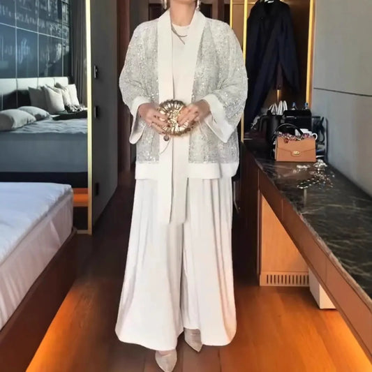 Ensemble 3 Pièces Kimono Sequins Blanc | MDN