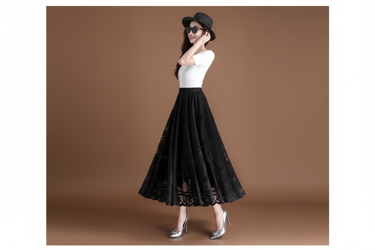 Jupe Longue Dentelle Plissée Taille Haute | MDN Store