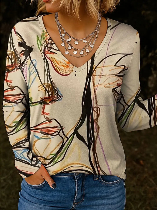 T-Shirt Femme Col V Manches Longues Imprimé Floral Automne Hiver | MDN